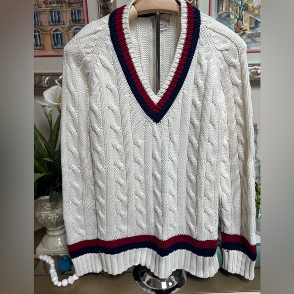 ADH COLLECTION Casual Preppy Cable Knit V-Neck Sweater with Red & Blue Trim Sz M - Picture 1 of 4